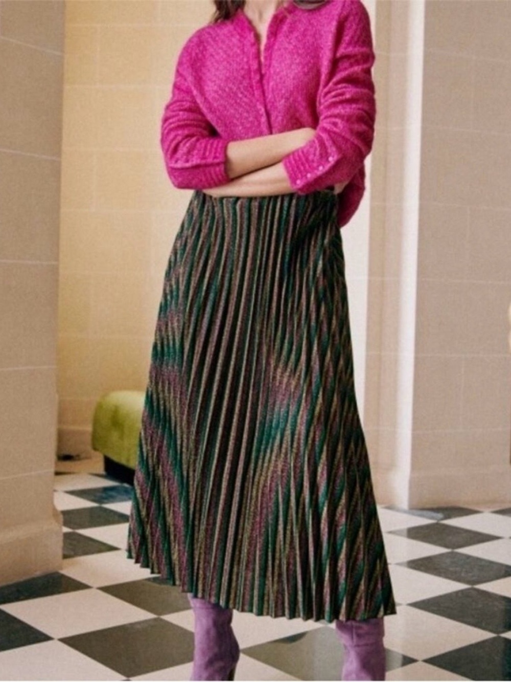 Sézane Dune Skirt Multicolored Lurex Size 40 Metallic Pleated Midi US 8